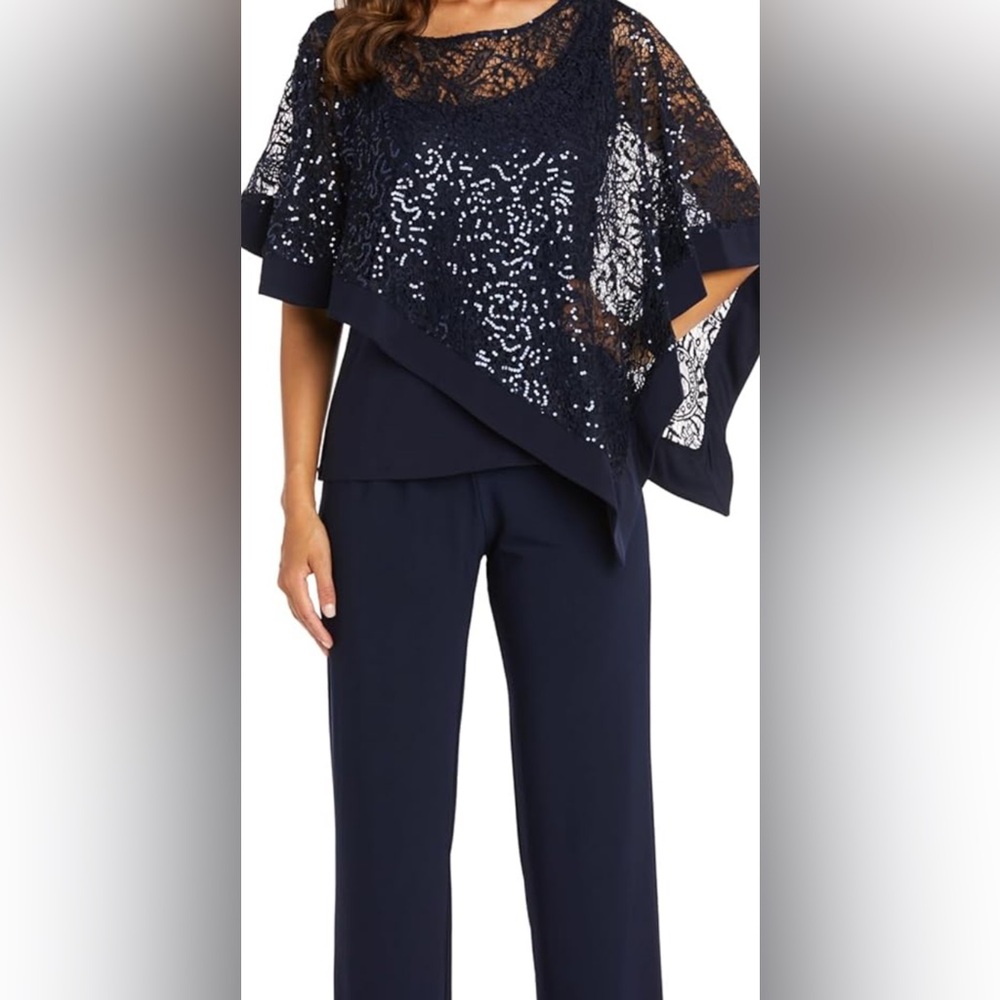 R&M Richards Navy Lace Overlay Pantsuit